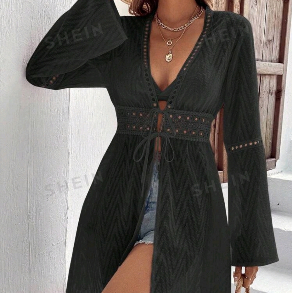 SHEIN Black Front Tie Kimono Cover Up, Medium